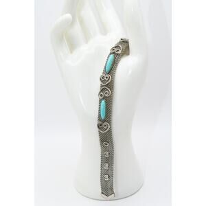 Vintage Silver Tone Mesh Bracelet Turquoise Cabochons Heart Design Adjustable